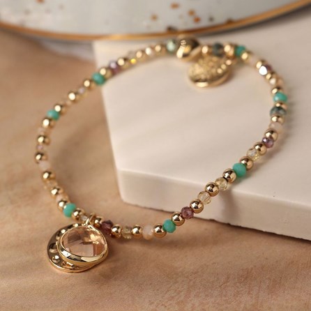 Golden and Aqua Mix Bead Bracelet with Disc and Crystal Golden and Aqua Mix Bead Bracelet with Disc and Crystal