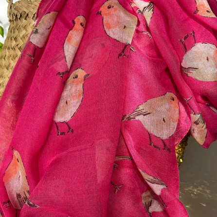 Watercolour Robins Print Scarf in Fuchsia Watercolour Robins Print Scarf in Fuchsia