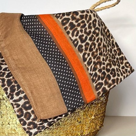 Taupe and Orange Leopard Print Border Scarf Taupe and Orange Leopard Print Border Scarf