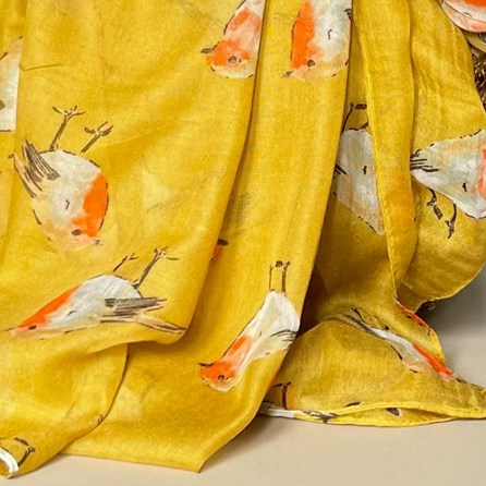 Watercolour Robins Print Scarf in Mustard Watercolour Robins Print Scarf in Mustard