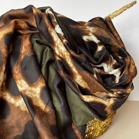 Leopard Print Scarf with Contrast Border in Khaki Leopard Print Scarf with Contrast Border in Khaki