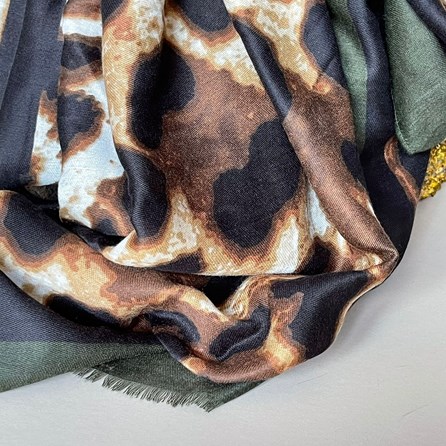 Leopard Print Scarf with Contrast Border in Khaki Leopard Print Scarf with Contrast Border in Khaki