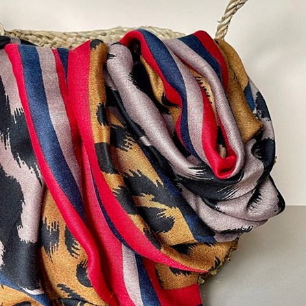 Leopard Print Scarf with Red and Mustard Borders Leopard Print Scarf with Red and Mustard Borders