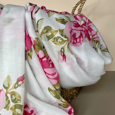 Rose Print Scarf in White and Fuchsia Rose Print Scarf in White and Fuchsia