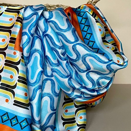 Silky Multicolour Retro Print Scarf with Bright Orange Border Silky Multicolour Retro Print Scarf with Bright Orange Border