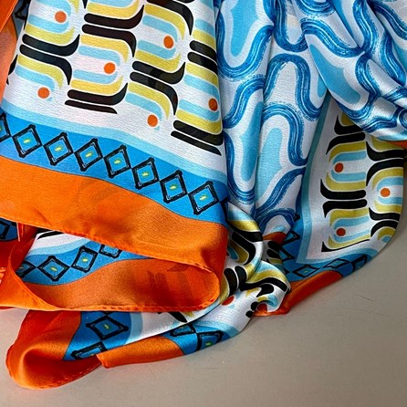 Silky Multicolour Retro Print Scarf with Bright Orange Border Silky Multicolour Retro Print Scarf with Bright Orange Border