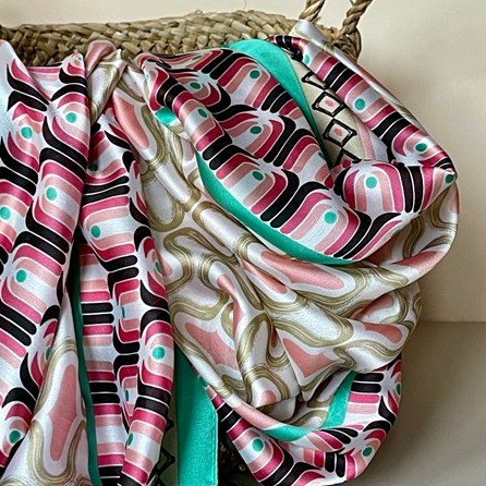 Silky Multicolour Retro Print Scarf with Jade Green Border Silky Multicolour Retro Print Scarf with Jade Green Border