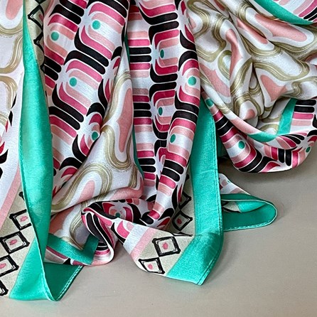Silky Multicolour Retro Print Scarf with Jade Green Border Silky Multicolour Retro Print Scarf with Jade Green Border