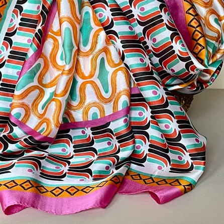Silky Multicolour Retro Print Scarf with Bright Pink Border Silky Multicolour Retro Print Scarf with Bright Pink Border