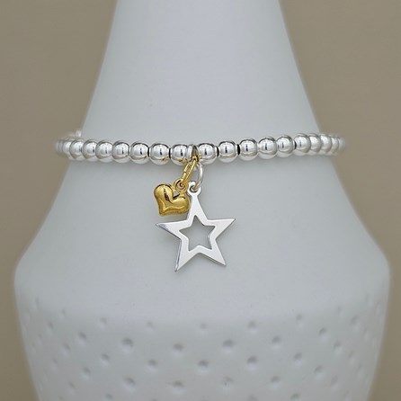 Bead Bracelet with Silver Star and Gold-Plated Heart Bead Bracelet with Silver Star and Gold-Plated Heart