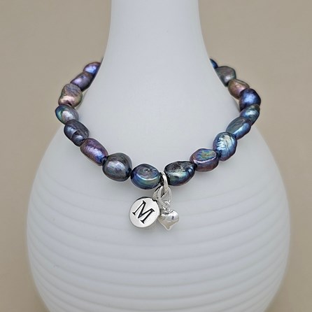 Personalised Black Pearl Heart Charm Bracelet Personalised Black Pearl Heart Charm Bracelet