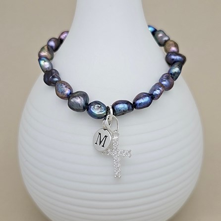 Personalised Black Pearl Silver Cross Bracelet Personalised Black Pearl Silver Cross Bracelet