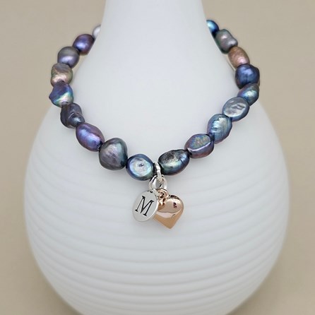 Personalised Black Pearl Heart Charm Bracelet Personalised Black Pearl Heart Charm Bracelet