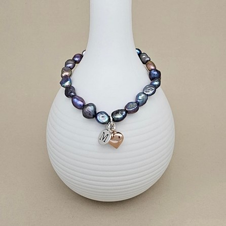 Personalised Black Pearl Heart Charm Bracelet Personalised Black Pearl Heart Charm Bracelet