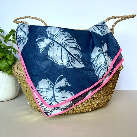 Tropical Leaf Scarf with Border in Navy Blue and Fuchsia Tropical Leaf Scarf with Border in Navy Blue and Fuchsia
