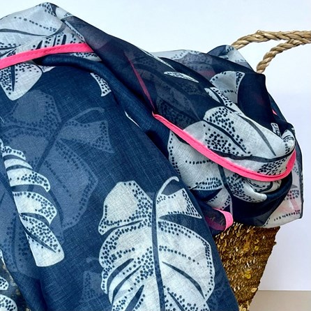 Tropical Leaf Scarf with Border in Navy Blue and Fuchsia Tropical Leaf Scarf with Border in Navy Blue and Fuchsia
