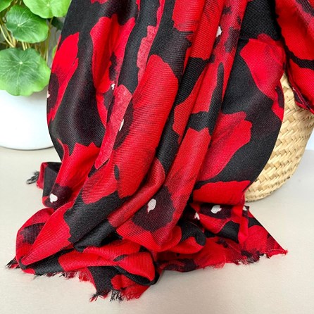Bold Red Poppy Print Frayed Scarf in Black Bold Red Poppy Print Frayed Scarf in Black