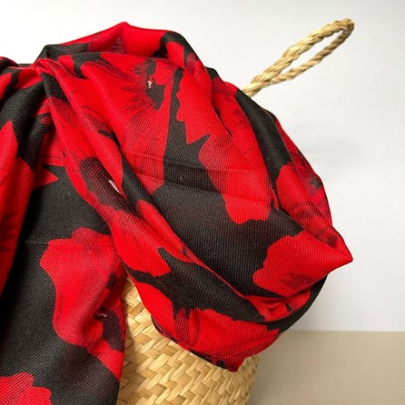 Bold Red Poppy Print Frayed Scarf in Black Bold Red Poppy Print Frayed Scarf in Black