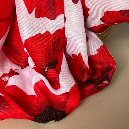 Bold Red Poppy Print Frayed Scarf in White Bold Red Poppy Print Frayed Scarf in White