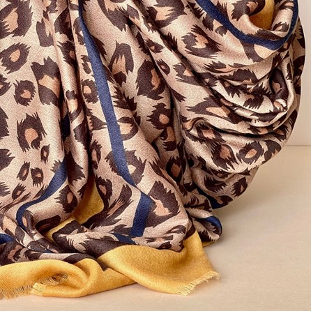 Leopard Print Scarf with Double Mustard and Navy Border Leopard Print Scarf with Double Mustard and Navy Border