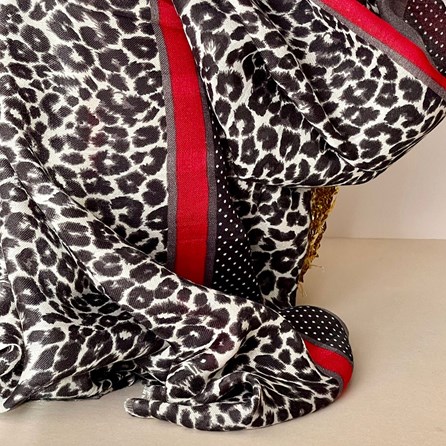 Leopard Print Border Scarf in Grey and Red Leopard Print Border Scarf in Grey and Red