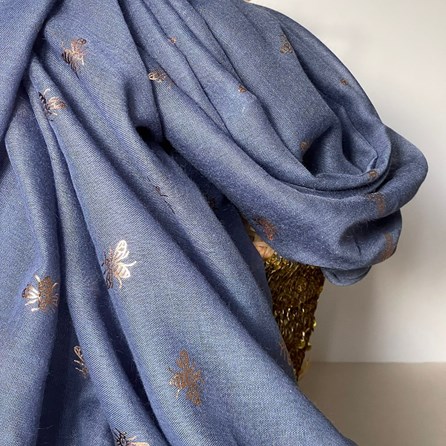 Rose Gold Bee Print Scarf in Denim Rose Gold Bee Print Scarf in Denim