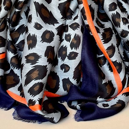 Leopard Print Scarf with Double Navy and Orange Border Leopard Print Scarf with Double Navy and Orange Border