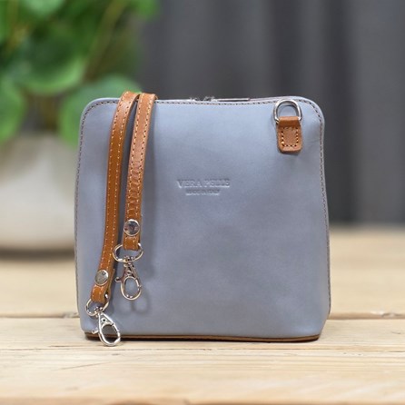 Leather Cross Body Handbag in Light Grey and Tan Leather Cross Body Handbag in Light Grey and Tan