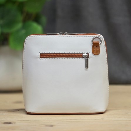 Leather Cross Body Handbag in White and Tan