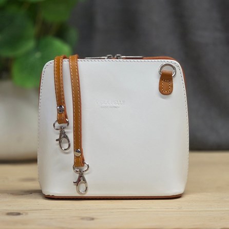 Leather Cross Body Handbag in White and Tan