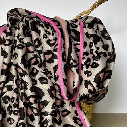 Leopard Print Scarf with Double Pink Border Leopard Print Scarf with Double Pink Border