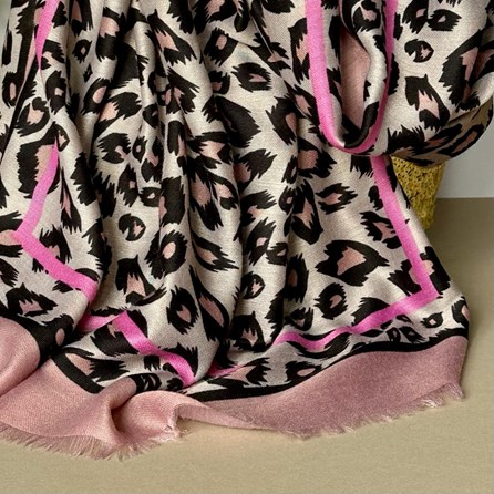 Leopard Print Scarf with Double Pink Border Leopard Print Scarf with Double Pink Border