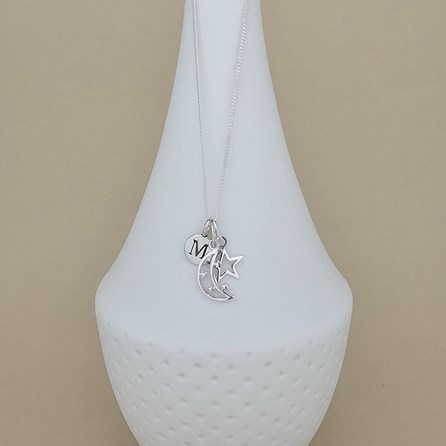 Personalised Eid Moon And Star Charm Silver Necklace Personalised Eid Moon And Star Charm Silver Necklace