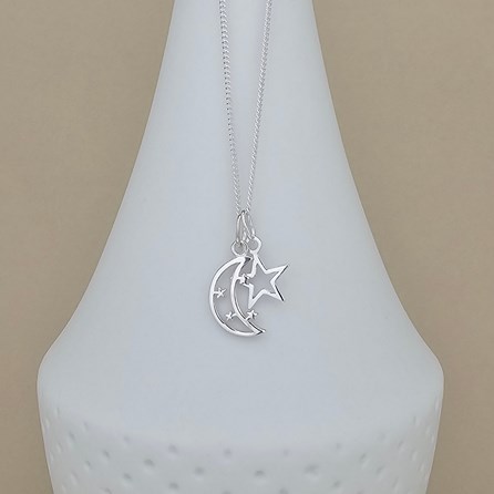 Personalised Eid Moon And Star Charm Silver Necklace Personalised Eid Moon And Star Charm Silver Necklace