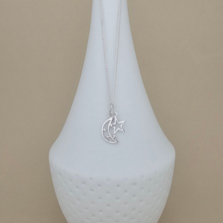Personalised Eid Moon And Star Charm Silver Necklace Personalised Eid Moon And Star Charm Silver Necklace