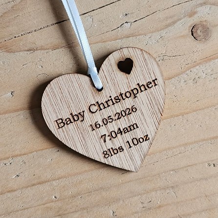 Personalised New Baby Hanging Heart Decoration and Card Personalised New Baby Hanging Heart Decoration and Card