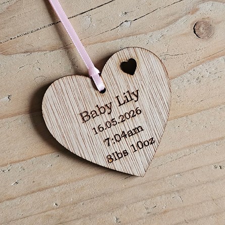 Personalised New Baby Hanging Heart Decoration and Card Personalised New Baby Hanging Heart Decoration and Card