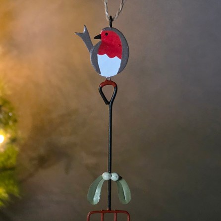 Robin on Garden Fork Hanging Christmas Decoration