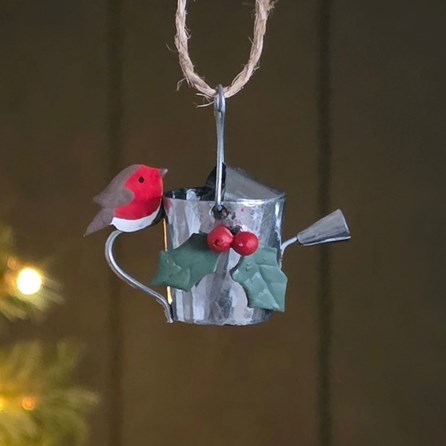 Robin On Watering Can with Holly Hanging Decoration