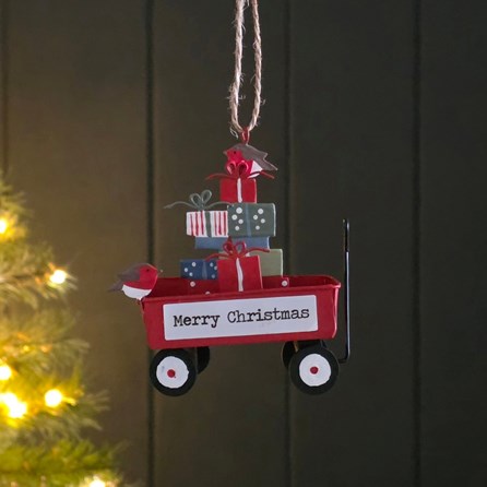 Robins and Gifts in a Cart Hanging Christmas Decoration Robins and Gifts in a Cart Hanging Christmas Decoration