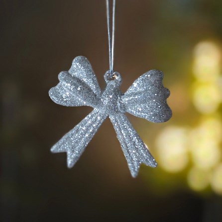 Silver Glitter Glass Bow Hanging Christmas Decoration