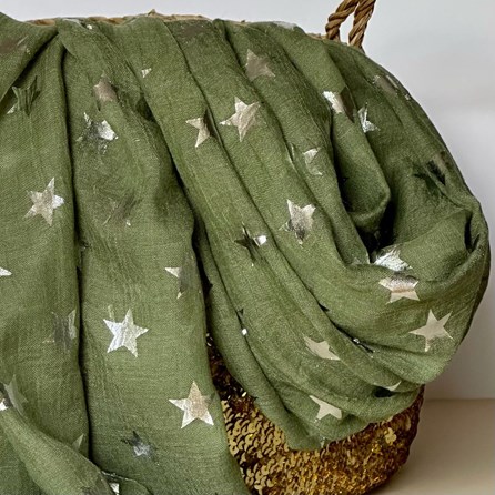 Silver Glitter Stars Scarf in Olive Green Silver Glitter Stars Scarf in Olive Green