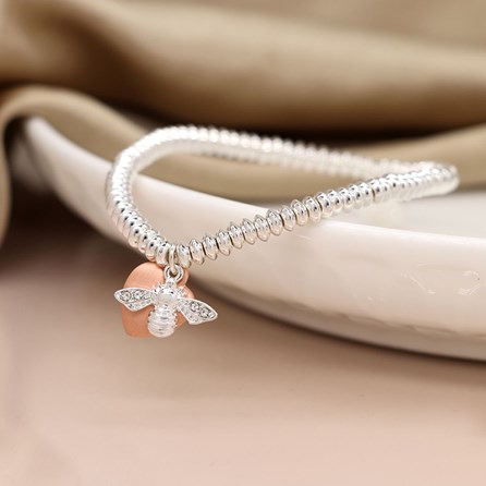 Silver Plate Bead Bracelet with Rose Gold Heart and Bee Silver Plate Bead Bracelet with Rose Gold Heart and Bee