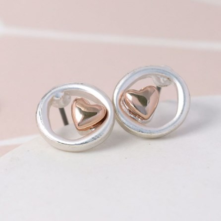Silver Plated Circle and Rose Gold Heart Stud Earrings Silver Plated Circle and Rose Gold Heart Stud Earrings