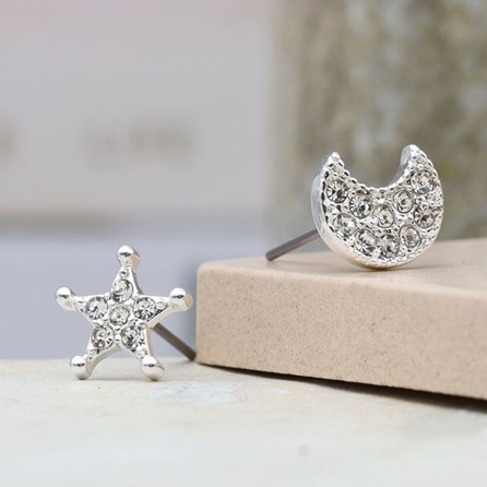 Silver Plated Crystal Star and Moon Stud Earrings Silver Plated Crystal Star and Moon Stud Earrings