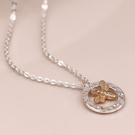 Silver Plated Hammered Hoop and Golden Bee Necklace Silver Plated Hammered Hoop and Golden Bee Necklace