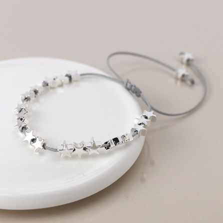 Silver Plated Stars Grey Cord Cracelet