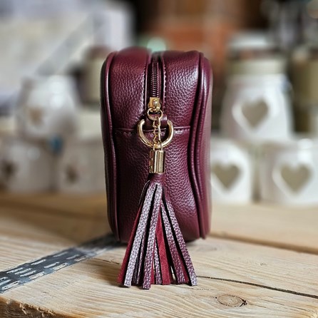 Single Zip Cross Body Bag with Tassel in Plum Single Zip Cross Body Bag with Tassel in Plum