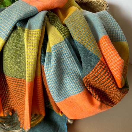 Soft Colour Block Check Scarf in Orange & Green Soft Colour Block Check Scarf in Orange & Green