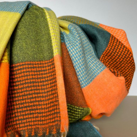 Soft Colour Block Check Scarf in Orange & Green Soft Colour Block Check Scarf in Orange & Green